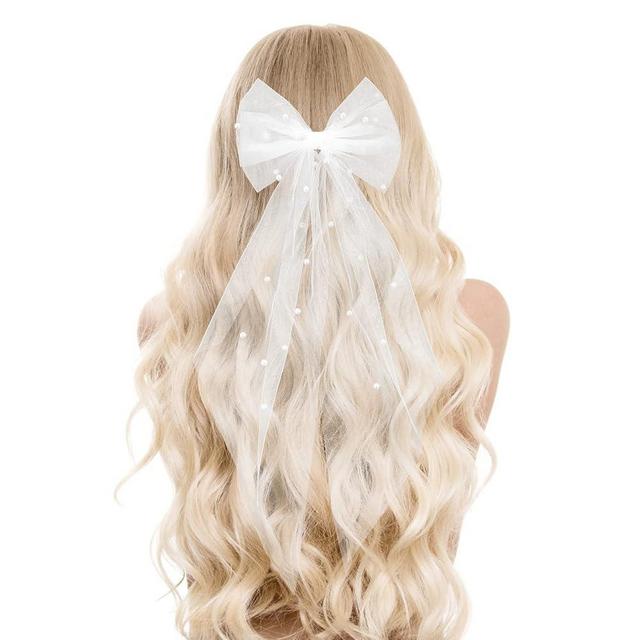 Bridal Pearl Hair Bow Veil Bridesmaid Large Hair Bow Wedding Veil with Barrette Bachelorette Party Decorations Bridal Bridesmaid Gift (White)