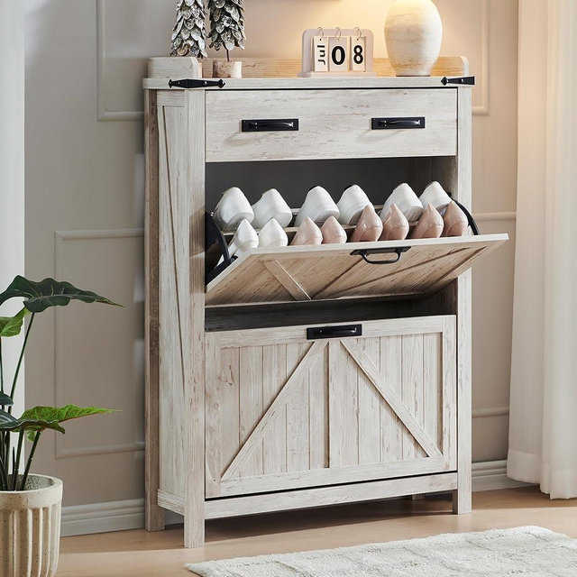 OKD Shoe Storage Cabinet with 2 Flip Drawers, Farmhouse Entryway Shoe Organizer with Drawer, Freestanding Rustic Hidden Shoe Rack Cabinet for Entryway, Antique Brush White