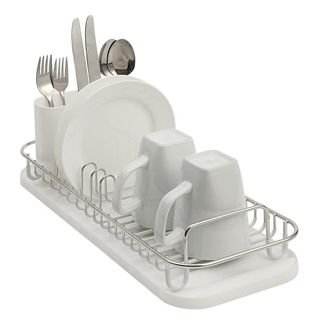 SunnyPoint 304 Stainless Steel NeverRust Compact Dish Drying Rack with Utensil Holder & Removable Drain Tray, Rustproof Small Dish Rack for Kitchen Countertop or Over Sink (Metallic Silver, Compact)