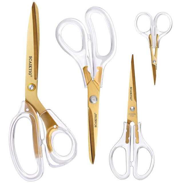 SCAIKTIG Acrylic Scissors Set, Office Scissors for Desk Gold, Clear Comfort-Grip Handles and Titanium Coated Blades, Sharp Scissors all Purpose Heavy Duty for Sewing, Art, Craft, School, Home Supplies