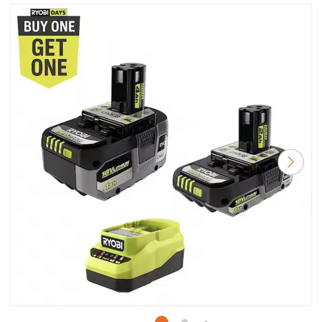 RYOBI ONE+ 18V Lithium-Ion Starter Kit with (1) 2.0 Ah Battery, (1) 4.0 Ah Battery, and Charger PSK1212SB