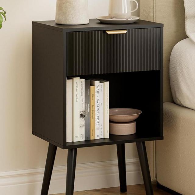 ASACESCU Fluted Nightstand, Modern Bedside Table with Storage Drawer, Wood Night Stand Side End Table for Bedroom, Living Room, Office (Black)