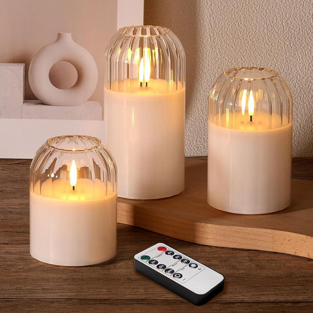 Girimax Clear Glass Flameless Candles with Remote, Real Wax Flickering Battery LED Pillar Candles Set of 3