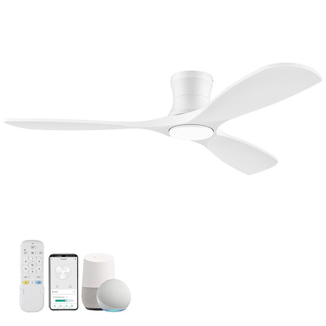 Livory 52” Wood Smart Flush Mount Ceiling Fans with Lights and Remote,Quiet DC Motor,Outdoor Indoor Ultra Low Profile Ceiling Fan works with Alexa WIFI APP,Modern White Ceiling Fan for Bedroom Patio