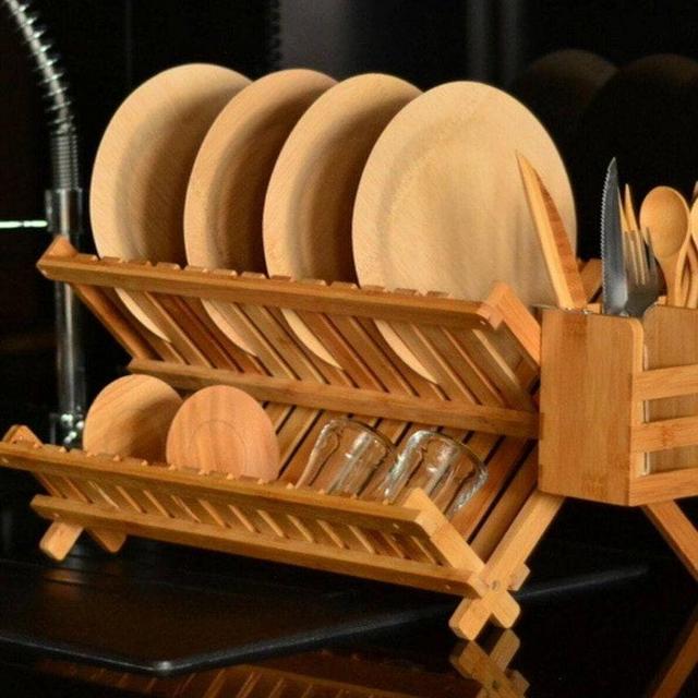 Bamboo Dish Drying Rack with Utensil Holder || Wooden Dish Drying Rack for Kitchen Counter || Large Folding Drying Holder