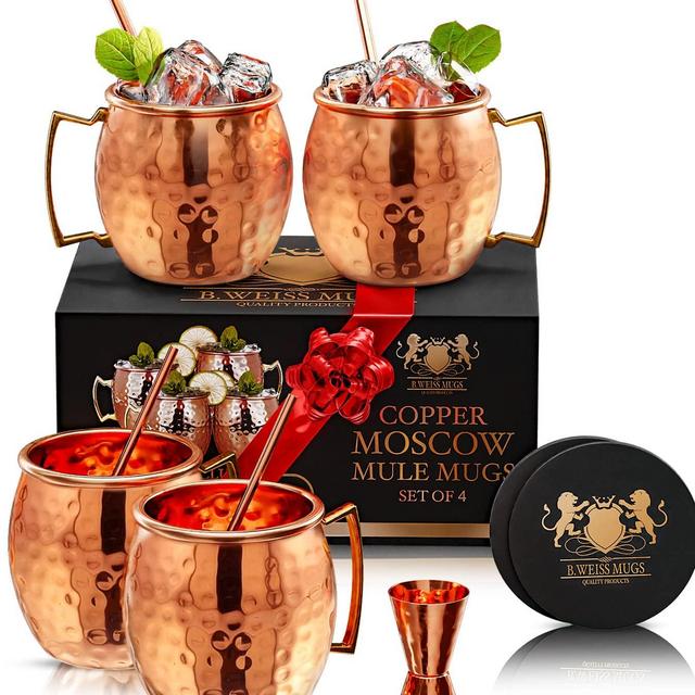 B. WEISS Moscow Mule Mugs Set Of 4-including: 4 copper straws,4 coasters, 2-sided copper jigger 4 coasters, and more,100% Pure Copper safe For Drinking, Handcrafted unique.