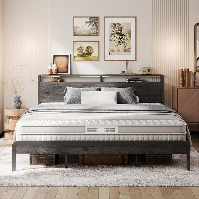 LIKIMIO King Bed Frame with Headboard, Dark Wood Camas King with Strong Supports, Sturdy, Noise-Free, No Box Spring Needed, Charcoal Grey