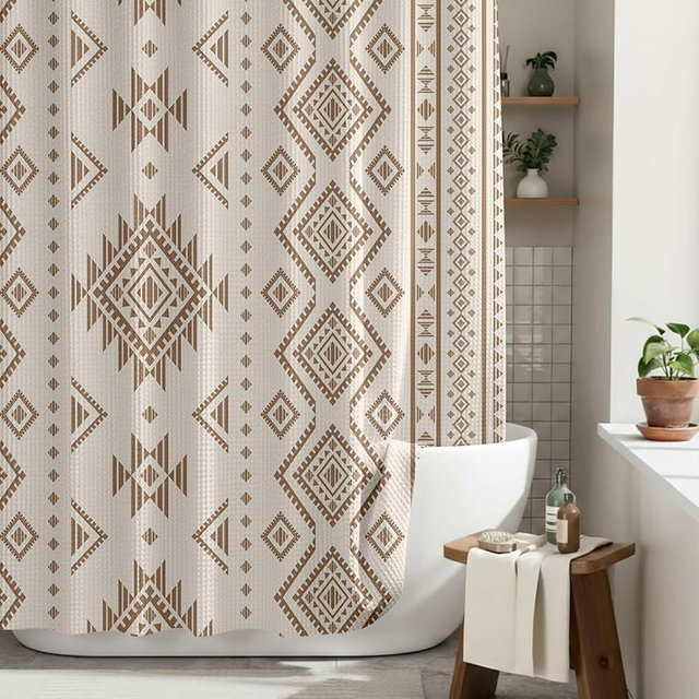 HunnmingRe Western Shower Curtain Waffle Southwest Aztec Geometric Stripes Fabric Shower Curtain Set with Hooks for Bathroom 72 x 72 Inches Boho Bath Curtains(Beige)