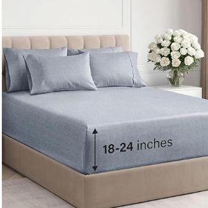 Extra Deep Queen Sheet Set - 6 Piece Breathable and Cooling Sheets - Hotel Luxury Bedding for Women, Men, Kids & Teens - Easy Secure Fit - Soft and Wrinkle Free - Extra Deep Pockets - Heathered Blue