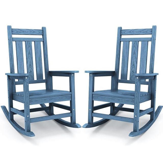 KINGYES Outdoor Patio Rocking Chair Set of 2, Weather Resistant Oversized Porch Rocker, High Back Outdoor Rocking Chair for Adult, Outdoor Rocker with 330Lbs Support(Plum Rocker)- Blue