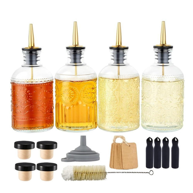 CALFATHN Simple Syrup Bottles Set of 4, Glass Coffee Syrup Dispenser Bottles 7 OZ With Metal Pour Spout, Labels and Stopper, Glass Syrup Dispenser for Maple Honey Syrup Oil and Sauces, LC004 (4 Pack)