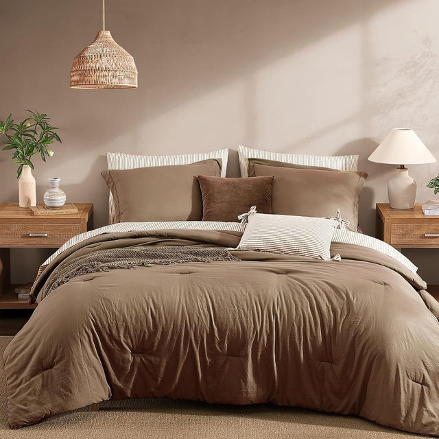 Monbix Queen Comforter Set - 7 Pieces Brown Prewashed Bed in a Bag Queen Bedding Sets with Comforters, All Seasons Ultra Soft Comforter Bed Set with Sheets,Pillowcases & Shams