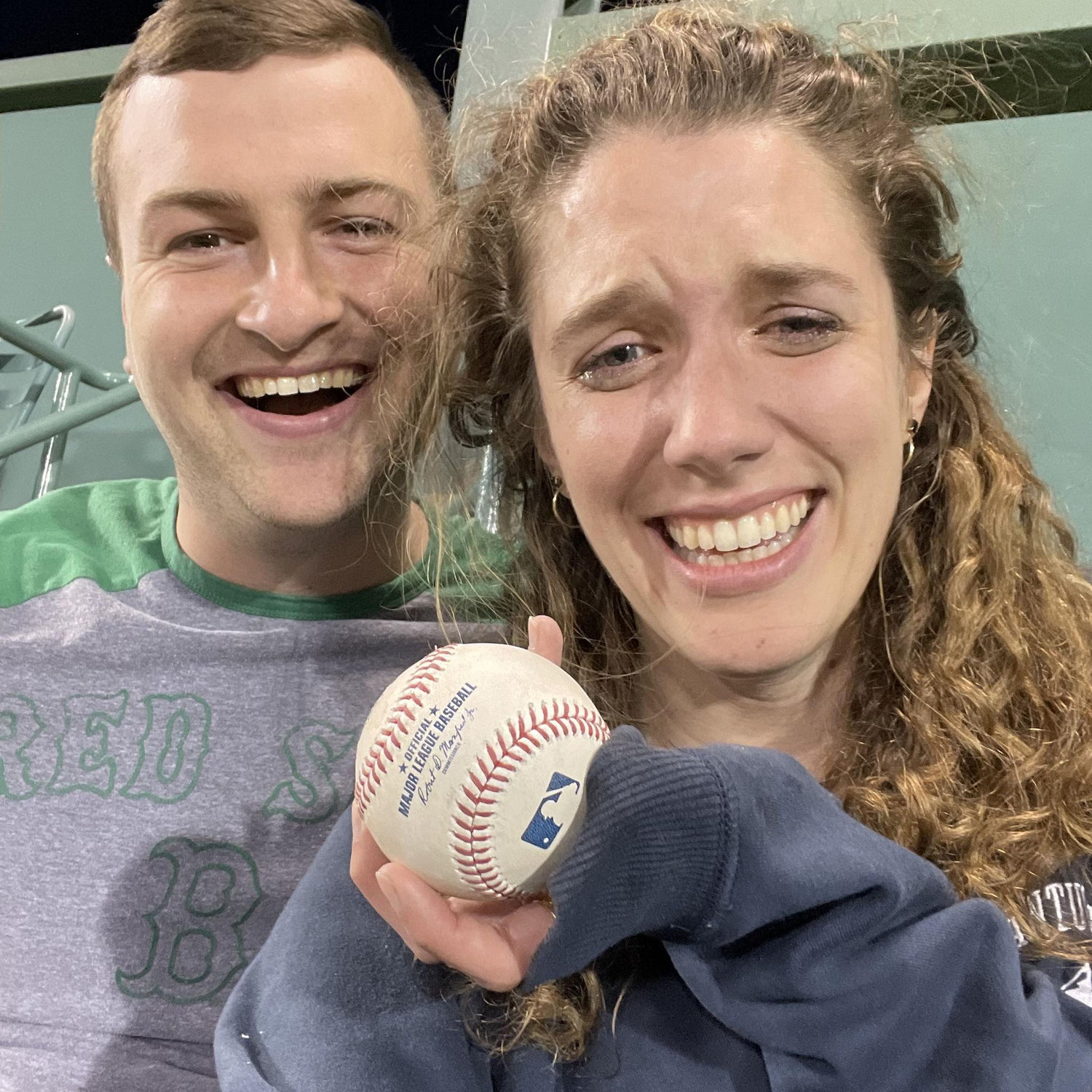We acquired this homerun ball on the Green Monster!