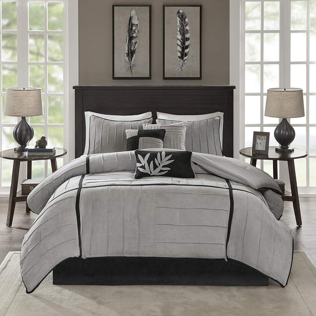 Madison Park Cozy Comforter Set Casual Blocks Design All Season, Matching Bed Skirt, Decorative Pillows, Full(82"x90"), Dune Suede, Black Grey, 7 Piece