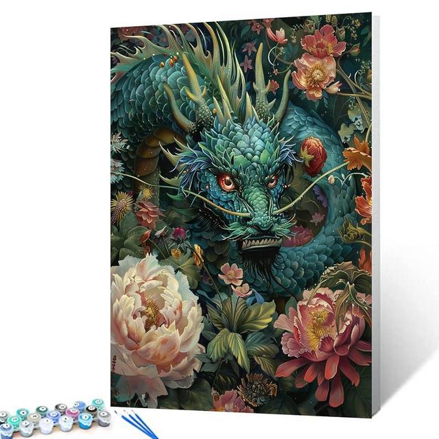 Tucocoo Green Dragon Paint by Numbers Kits with Brushes and Acrylic Pigment on Canvas Painting for Adults, Enchanted Garden Abstract Flowers Picture for Home Wall Decor Gifts 16''x20'' (DIY Framed)
