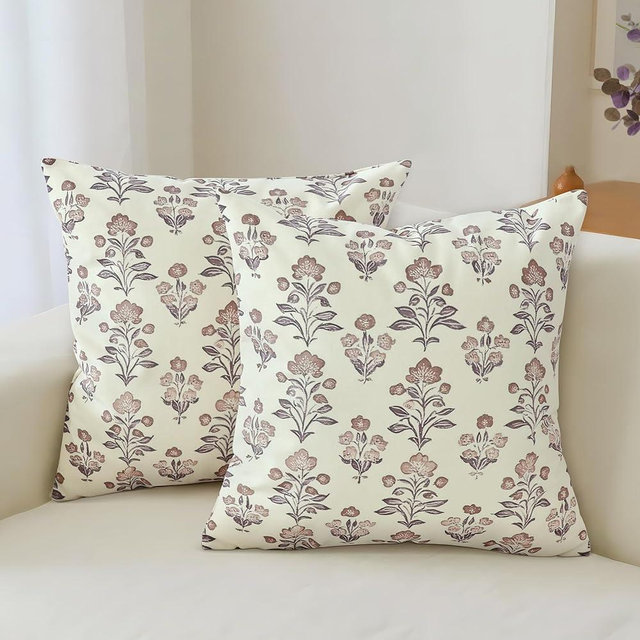 Cythasily Khaki Block Print Pillow Covers 18x18 Inch Set of 2, Vintage Floral Spring Decorative Throw Pillows Case Boho Cushion Covers Rustic Farmhouse Home Decor for Sofa Couch Bed Living Room