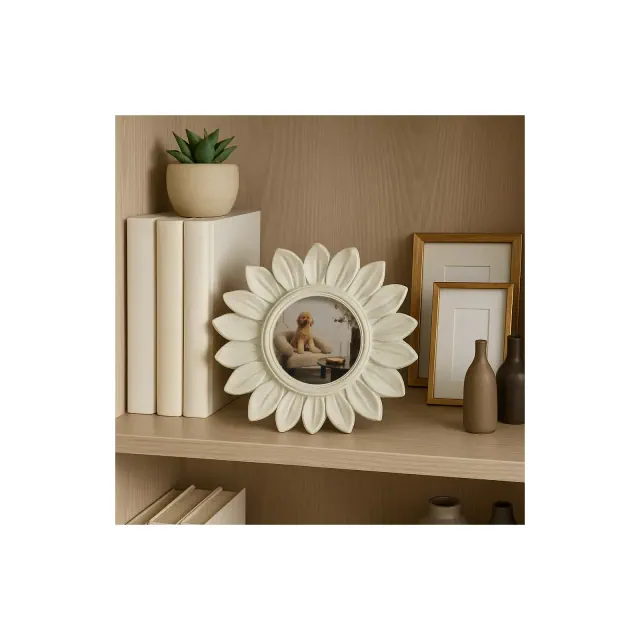 Decorative Round Sunflower Photo Frame Design - Stylish Picture Frame for Tabletop Surfaces, Dorm, Bedroom, and Home Decor Accent - 8", Ivory