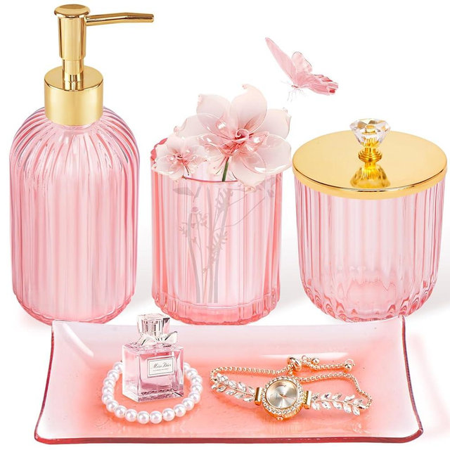 Pink Bathroom Accessories Set 4PCS Glass Bathroom Accessories Set with Soap Dispenser Toothbrush Holder Qtip Holder & Vanity Tray, Pink and Gold Bathroom Decor