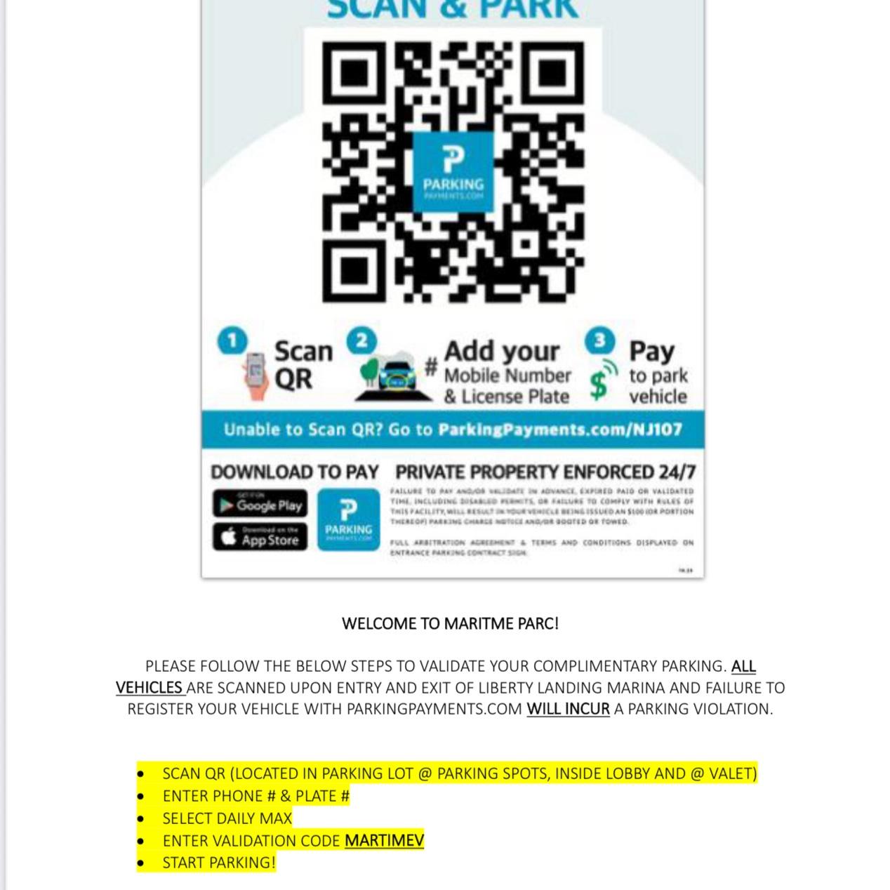 Please use QR code to scan in and out of Maritime Parc parking lot for free overnight parking the night of 10/31/25.