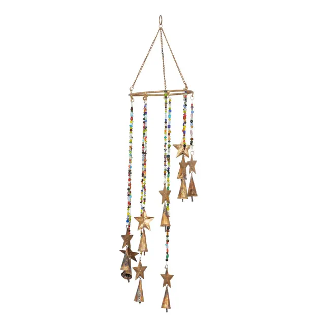 26" x 7" Iron Eclectic Stars Windchime with Beaded Strands Gold - Olivia & May: Decorative Hanging Chime, No Choking Hazard