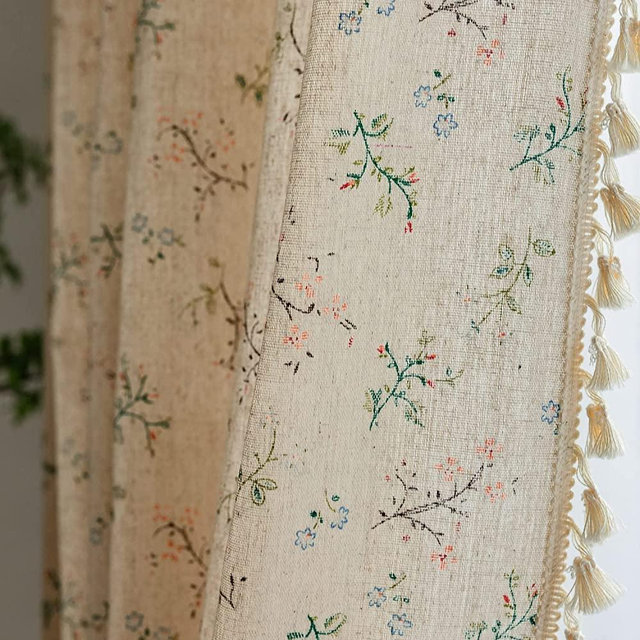 ENJOYBRIDAL Floral Farmhouse Curtains Semi-Blackout Living Room Drapes 96 Inch Length Cotton Linen Blend Bohemian Window Curtain Panels with Tassel Beige Rod Pocket Bedroom Drapes, 2 Panel