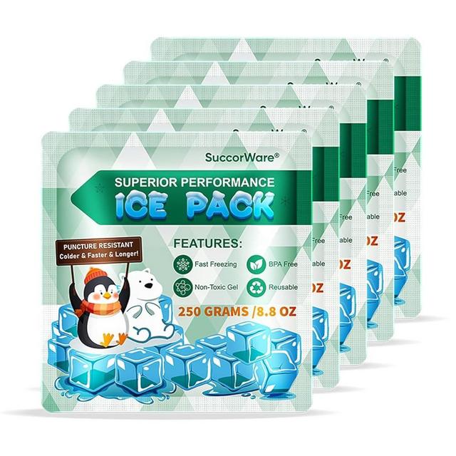 SuccorWare 5 Packs Reusable Ice Packs for Lunch Boxes - 12+ Hour Cooling Ice Gel Pack for Camping, Beach, Office - Ice Packs for Cooler Bag, Cooler Backpacks