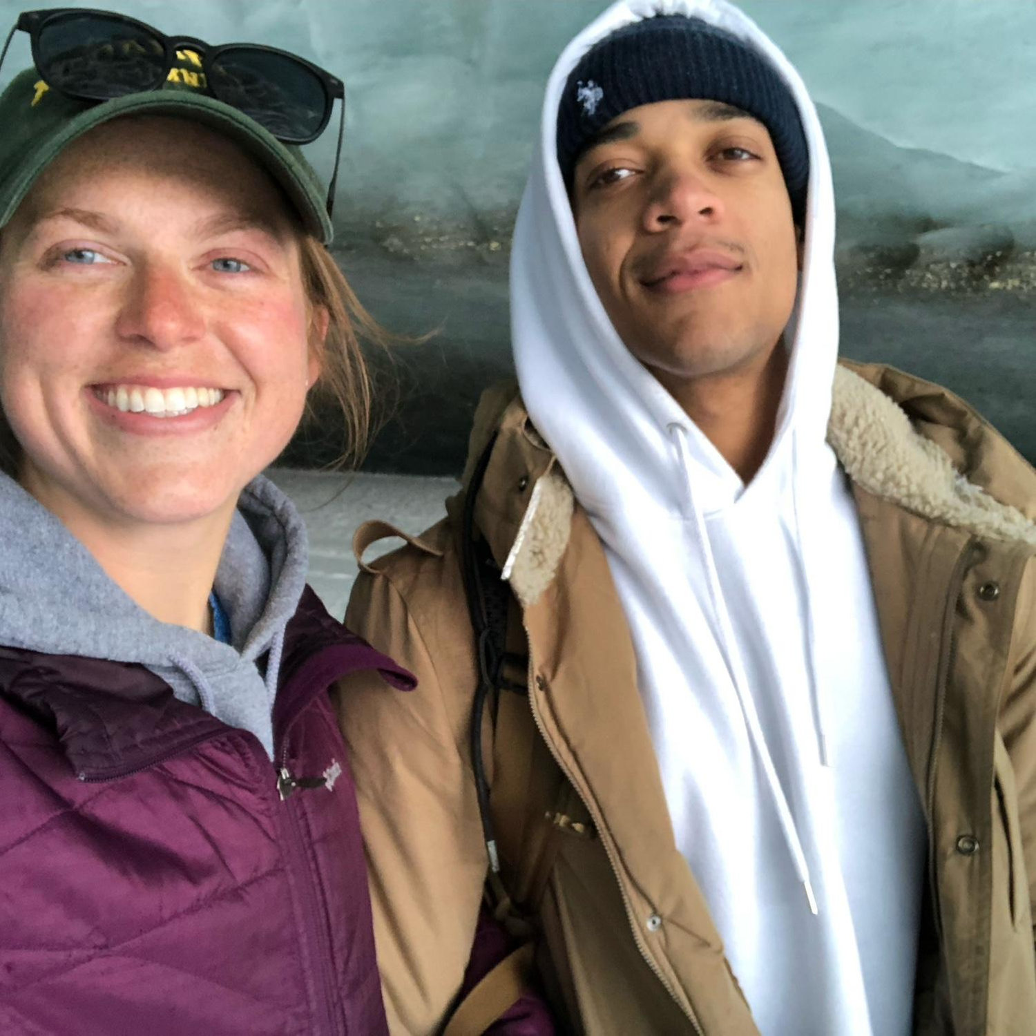 We met while we were living in Alaska. This is our first photo together. We hiked to an ice cave.