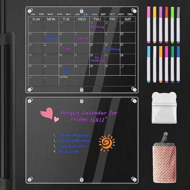Acrylic Calendar for Fridge - 2 Set Magnetic Fridge Calendar Dry Erase Board Includes 12 Markers 12 Colors,16"x12" Magnetic Calendar and Blank Board