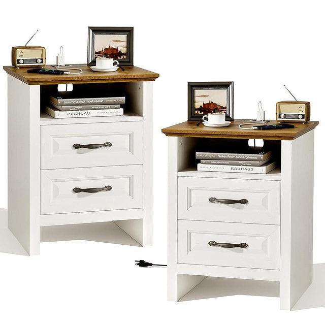 Pipishell Night Stand Set 2 with Charging Station, Farmhouse Bedside Table with 2 Drawers and Open Storage, Rustic End Table with AC Outlets & Type-C Ports for Bedroom, White & Brown, 2 Pack