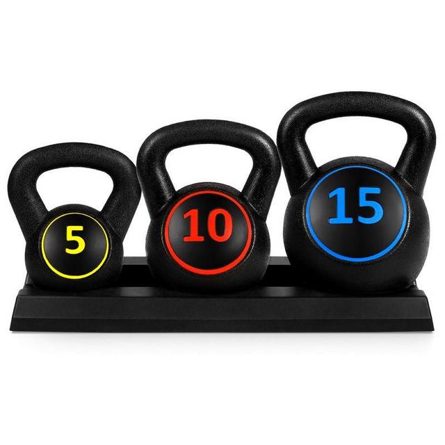 Best Choice Products 3-Piece Kettlebell Set with Storage Rack, Exercise Fitness Concrete Weights 5lb, 10lb, 15lb