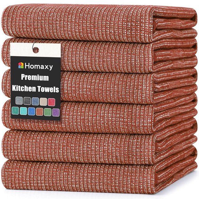 Homaxy Premium Kitchen Towels(18”x 28”, 6 Pack), Large Cotton Kitchen Hand Towels, Flat and Terry Dish Towels, 380 GSM Highly Absorbent Tea Towel Set with Hanging Loop, Rust