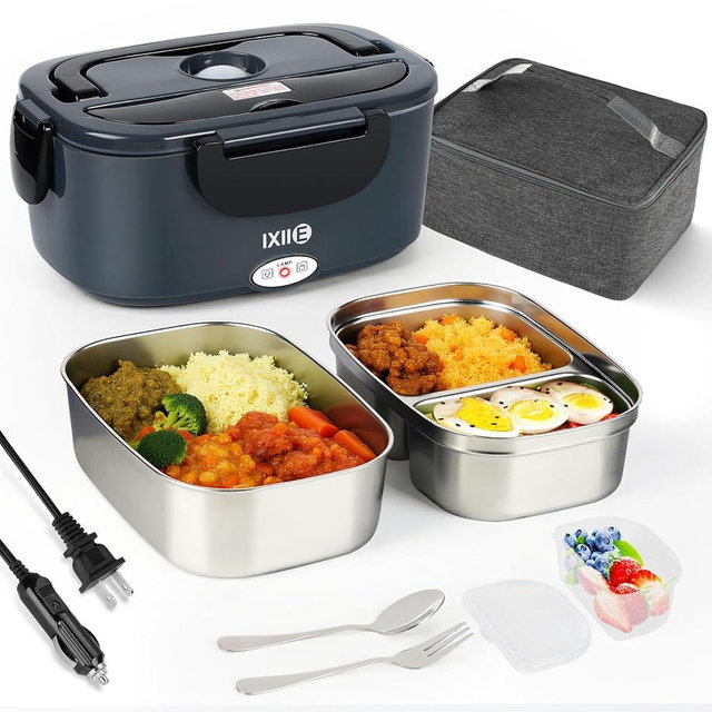 IXIIE Electric Lunch Box 80W Food Warmer for Work, 12V/24V/110V Portable Lunch Warmer for Adults with 2-Pack Stainless Steel Containers, Heated Lunch Box for Car/Truck/Office/Outdoors (Grey+Black)
