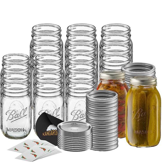 Ball Regular Mouth 16-Ounces Pint Mason Jar with Lids and Bands, 24-Pack, AS SHOWN Bundled With Kanbandz Non-Slip Jar Opener And Pack Of Self Stick Jar Labels | Canning, Fermenting, Pickling, DIY Decors Projects