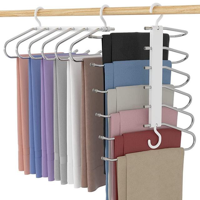 Pants Hangers, 4 Pack Stainless Steel 6 Layers Magic Pants Hanger Rack Slack Trousers Hanger Space Saving Non-Slip Closet Storage Organizer for Skirts Jeans Scarves Belts Towels Ties Legging