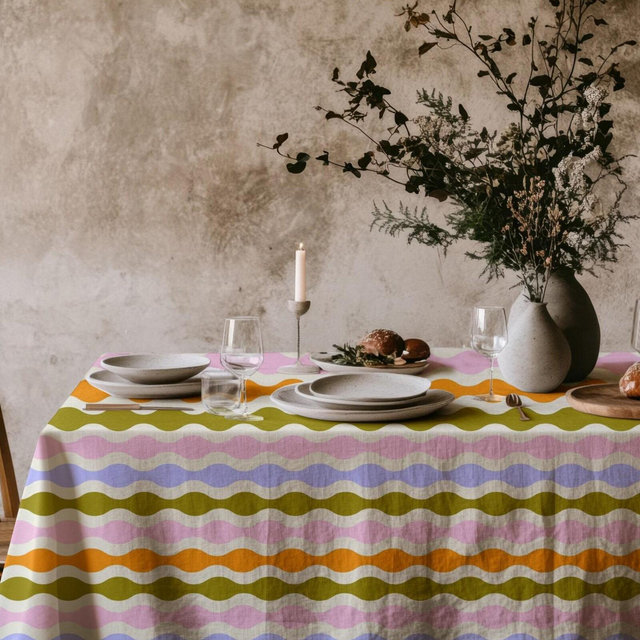 Olive Green Lilac Orange Wavy Striped Tablecloth – Colorful Retro Table Cover, Modern Linen Tablecloth