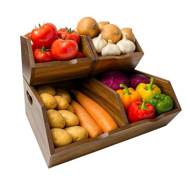 LUSHZLUMBERA Acacia Wood Pantry Storage Bins, Stackable Storage Baskets Potato and Onion Storage Bins, Pantry Organizer Wooden Baskets Organization and Storage, Set 3 Pieces