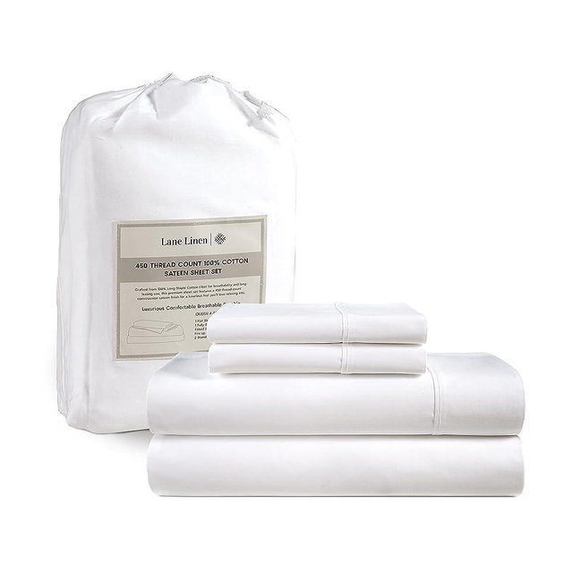 LANE LINEN Full Size Sheet Sets - 4 Pc Full Size Sheets, 450 Thread Count 100% Cotton Sateen Bed Sheets, Cooling Sheets Full Size, Hotel Sheets, Breathable Full Sheet Set, Deep Pocket Sheets - White