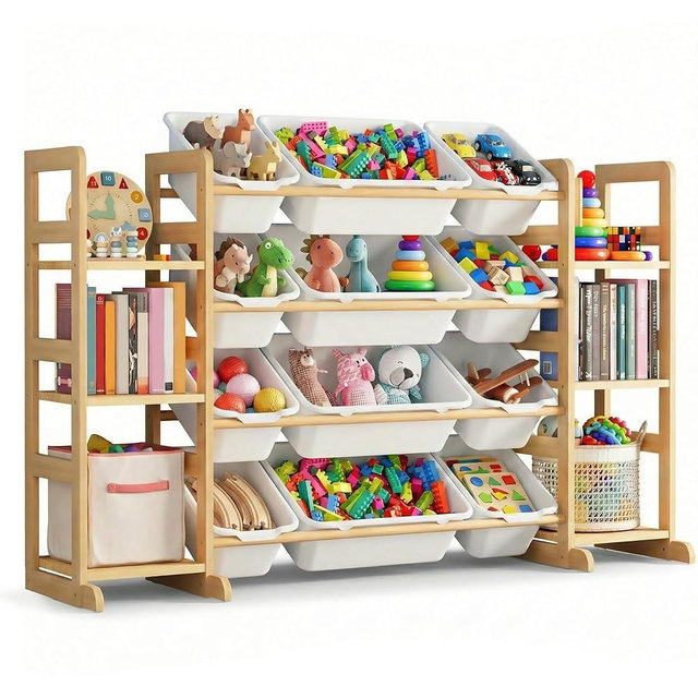 Kiddocood Kids Toy Storage Organizer with 12 Bins, 100% Solid Wood - Natural Finish Montessori Toy Organizer, BPA Free, CPC & TIC Certified Playroom Organization for Living Room & Nursery, 52.3"