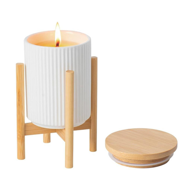 HUICAIMAO Lavender Scented Candle with Wood Stand& Ceramic Jar - 60H Natural Soy Wax, Highly Scented Aromatherapy Candle for Relaxation, Sleep & Home Decor, Elegant Gift for Women