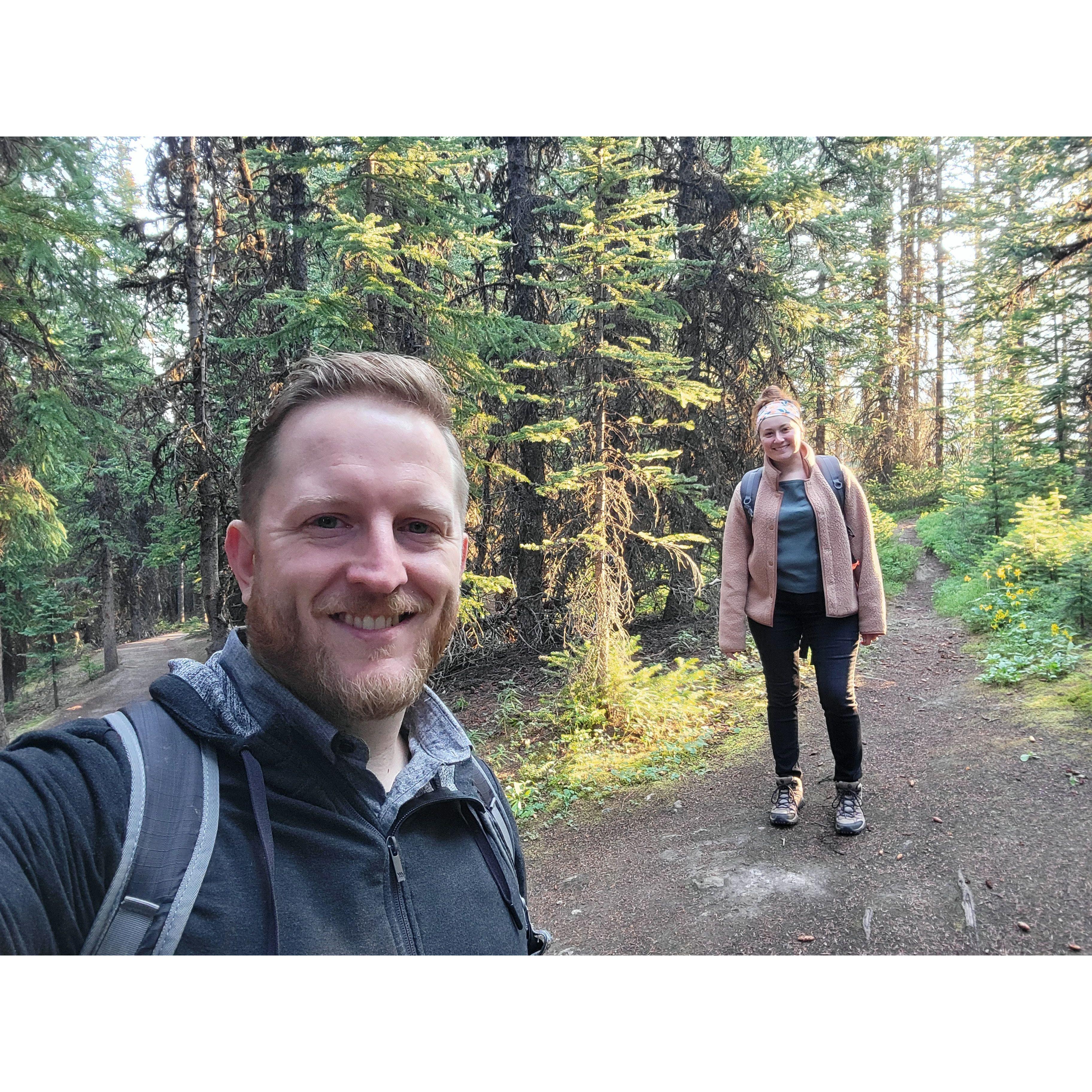 Moments after getting engaged, on the trail back from Peyto Lake in Banff National Park.