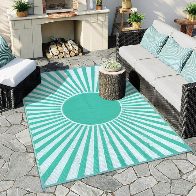 Wonnitar 6x9 Outdoor Rug Waterproof - Portable Outdoor Camping RV Rug, Reversible Large Plastic Straw Patios Mat, Outside Carpet for Deck Picnic Balcony Backyard (Blue-Green, 6'x9')