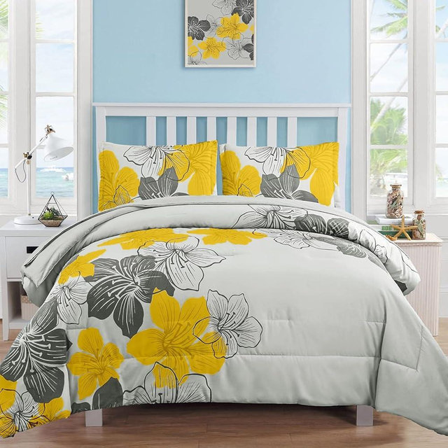 Yellow Comforter Set Queen Size, Yellow Floral Pattern Printed on Light Grey, Soft Microfiber 7 Pieces Bed in a Bag (1 Comforter, 2 Pillow Shams, 1 Flat Sheet, 1 Fitted Sheet, 2 Pillowcases)