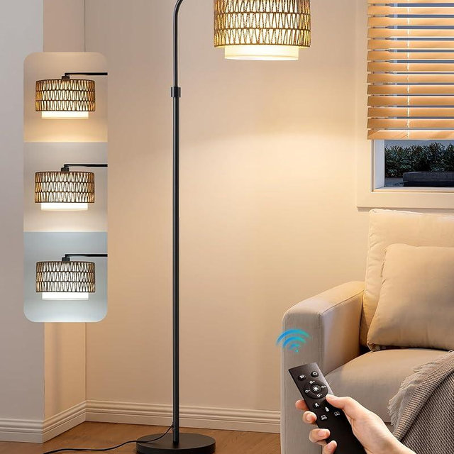 EDISHINE Rattan Floor Lamps for Living Room, Mid Century Rattan & Fabric Shade Tall Lamp, Farmhouse Floor Lamp with Remote Dimmable LED Bulb, 5 Color Temps, Boho Arc Standing Lamp for Bedroom, Office