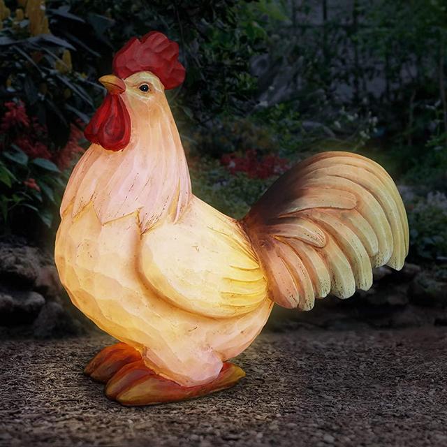 Exhart Solar Rooster Garden Statue - Hand-Painted White Rooster Resin Statue w/Solar LED Accent Lights – Solar Chicken Decor Ideal as Outdoor Farmhouse Décor for Garden, Patio, Yard or Kitchen 11”