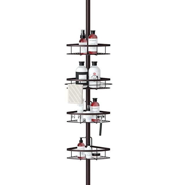 SeiriOne Bathroom Shelf,Tension Shower Pole Corner Caddy, Rustproof Stainless Steel,4.7-9.3Ft,4 Tier Positionable Baskets, Oil Bronze