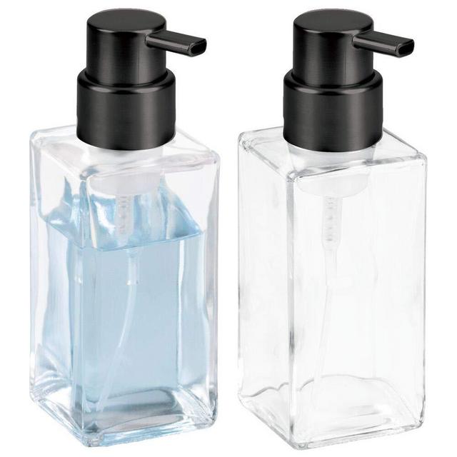 mDesign Modern Square Glass Refillable Foaming Hand Soap Dispenser Pump Bottle for Bathroom Vanities or Kitchen Sink, Countertops - 2 Pack - Clear/Brushed Black Nickel