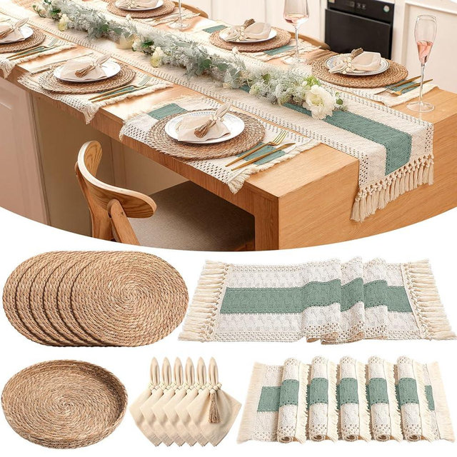 Gandeer 6 Sets Boho Placemats Round Woven Placemats, Cloth Napkins, Wood Bead Napkin Rings, Long Table Runner and Farmhouse Rustic Natural Burlap Cotton for Kitchen Dining Table Home (Green)