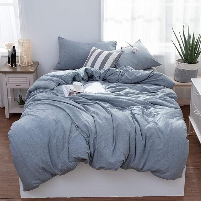 LIFETOWN Jersey Knit Cotton Duvet Cover King, 1 Duvet Cover and 2 Pillowcases, Simple Solid Design, Super Soft and Easy Care (King, Bluish Gray)