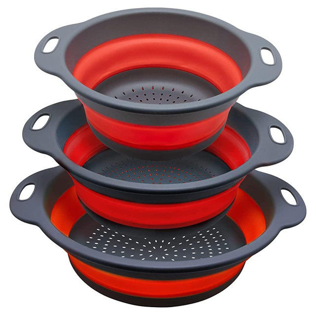 Collapsible Colander Set, POJORY Silicone Collapsible Strainer for Draining Pasta Spaghetti Fruits and Vegetables Colander Collapsible 3 Sizes Kitchen Mesh Strainers Tool Folding Colanders RED