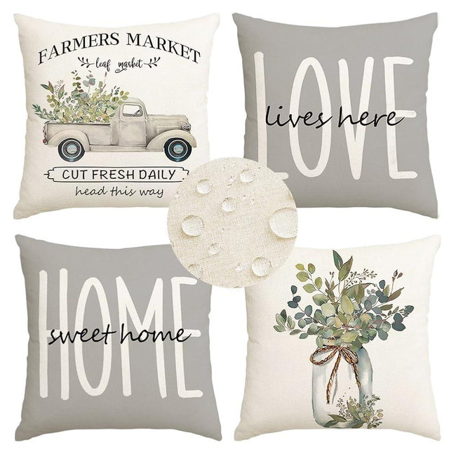 RABUSOFA Farmhouse Pillow Covers 18x18 Inch,Farmhouse Decor Outdoor Waterproof Home Sweet Home Truck Eucalyptus Leaves Cushion Case Decorations for Sofa Couch Set of 4 Gray